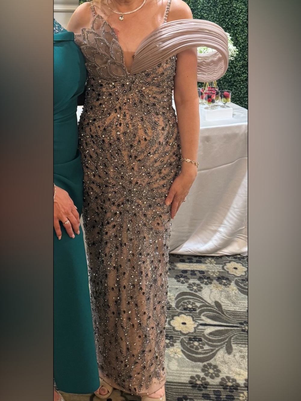 Embellished Taupe Evening Gown with Beaded Detail